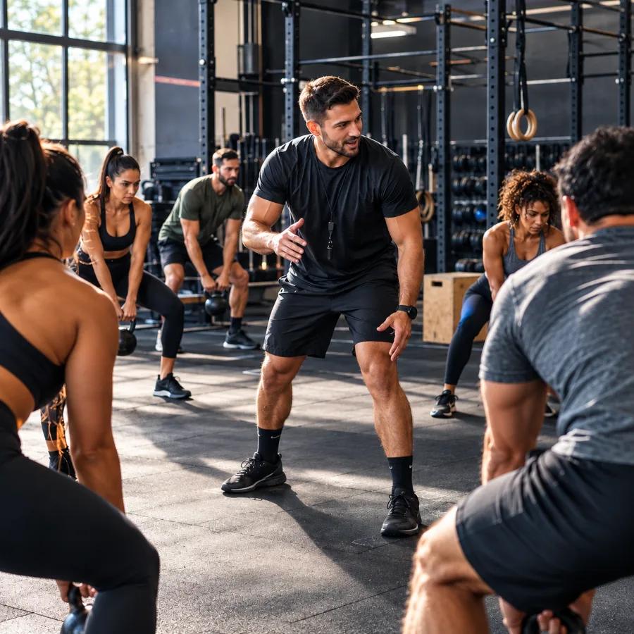 Professor de CrossFit aplicando aula com alunos